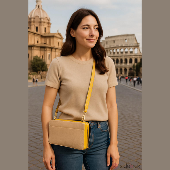 Calpak Travel Croc Wallet Sand and Yellow Handle Adjustable Shoulder Strap